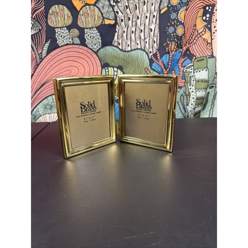 Vintage solid brass double frame 3 1/2" x 5" folding new old stock wedding gift